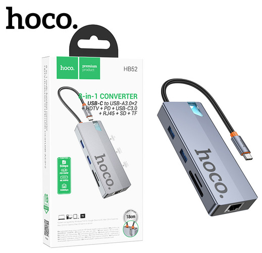 USB разветвитель HOCO HB52 HDMI+RJ45+SD/TF+PD+Type-C3.0+USB3.0*2