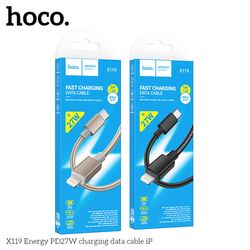 Кабель USB - 8 pin Lightning HOCO X119 текстиль черный круглый 1 м. 27W