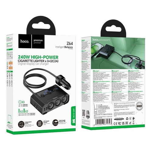 Разветвитель прикуривателя 3 гнезда 2USB+2USB Type-C HOCO Z64