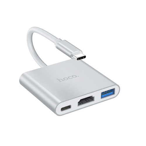Переходник TYPE-C(п) - HDMI(м)/USB 3.0(м)/TYPE-C(м) Hoco HB14 серебро