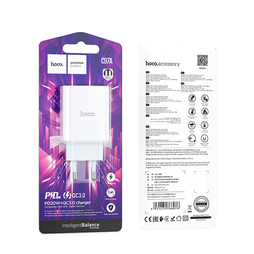 Сетевое зарядное устройство HOCO C97A 1USB+USB Type-C белый 20W