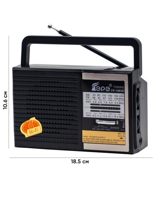 Радиоприемник Epe FP-1983R аналоговый FM, AM, SW питание от АКБ, от сети, черный