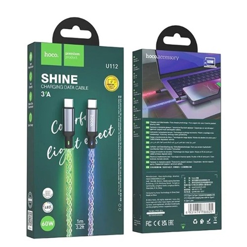Кабель Type-C-Type-C HOCO U112 черный круглый 3.0A 1 м. светящийся