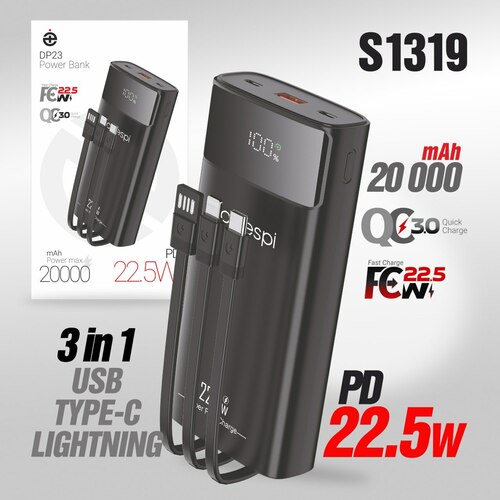 Внешний аккумулятор 20000 mAh Deespi DP23 2USB/Type-C/Lightning черный LED индикатор FC 3.0+PD 22,5Вт