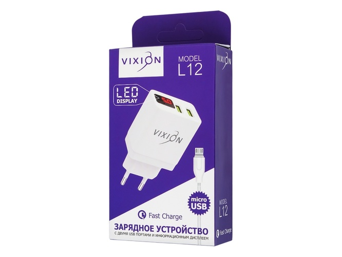 Сетевое зарядное устройство Vixion L12 2USB белый Micro USB 3.1A с дисплеем