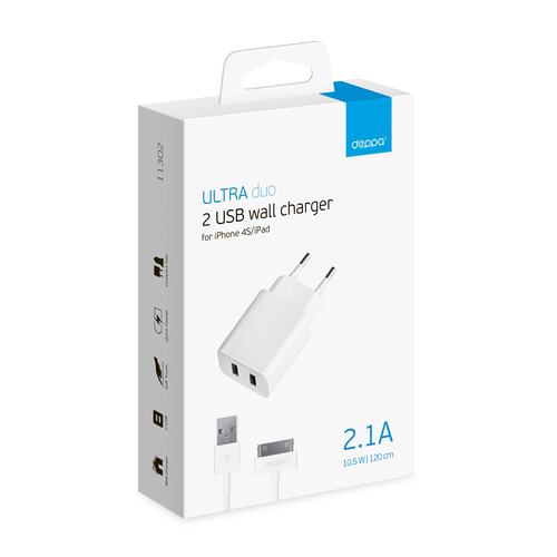 Сетевое зарядное устройство Deppa Ultra 2USB белый 30 pin Iphone 2.1A