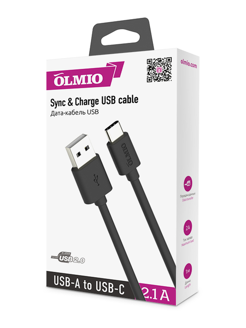 Кабель USB - Type-C Olmio/Partner черный 1 м. с удлиненным штекером