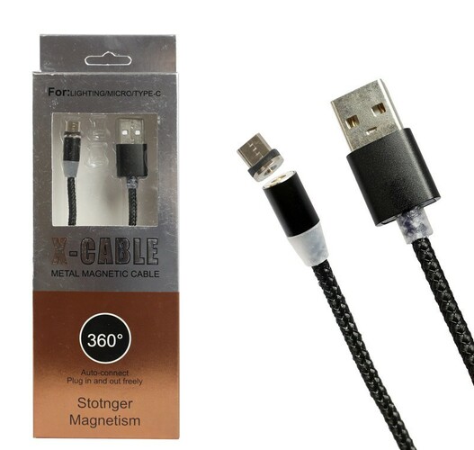 Кабель USB - micro USB 360° текстиль черный круглый 1 м. магнитный