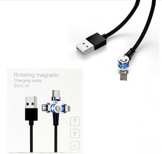 Кабель USB - micro USB No brand 180° силикон черный круглый 2.1A 1 м. магнитный