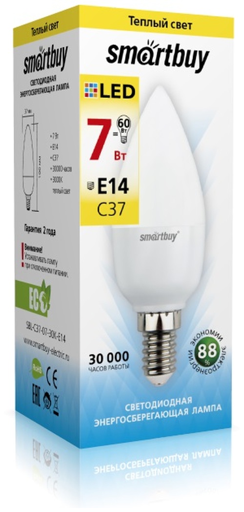 Лампочка светодиодная Smartbuy C37 E14 7W теплый свет