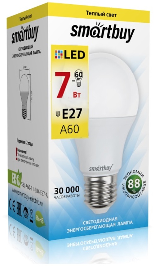 Лампочка светодиодная Smartbuy A60 E27 7W теплый свет
