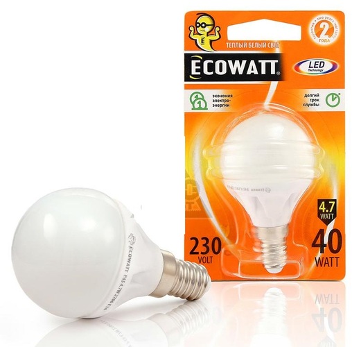 Лампочка светодиодная ECOWATT P45 E14 4,7W теплый свет