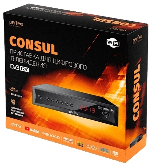 Приставка для цифрового ТВ Perfeo CONSUL DVB-T2/C дисплей, кнопки WiFi, 2*USB