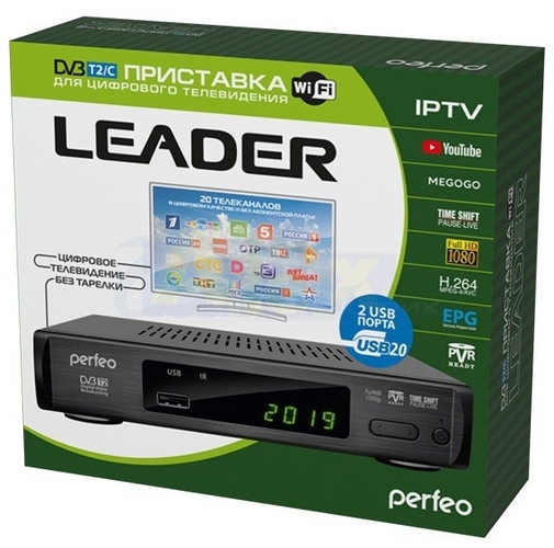 Приставка для цифрового ТВ Perfeo LEADER DVB-T2/C дисплей, кнопки, внешний бп WiFi, 2*USB