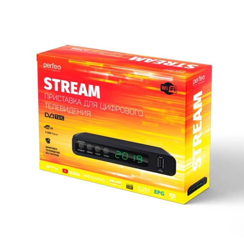 Приставка для цифрового ТВ Perfeo STREAM DVB-T2/C дисплей, кнопки, внешний бп WiFi, 2*USB