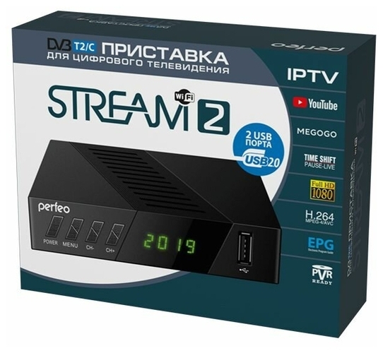 Приставка для цифрового ТВ Perfeo STREAM-2 DVB-T2/C дисплей, кнопки, внешний бп WiFi, 2*USB — Магазин «Saropt»