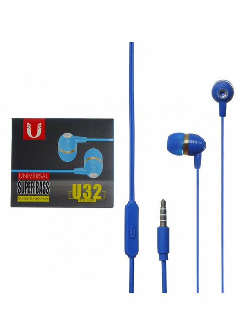 Наушники Uideal U32 вакуумные, проводные, Jack 3.5, микрофон, синий