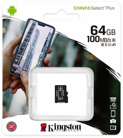 Карта памяти micro SD Kingston 64GB Класс 10 Canvas Select Plus 100 Mb/s без адаптера
