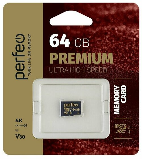 Карта памяти micro SD Perfeo 64GB Класс 10 High-Capacity UHS-3 70 Mb/s без адаптера