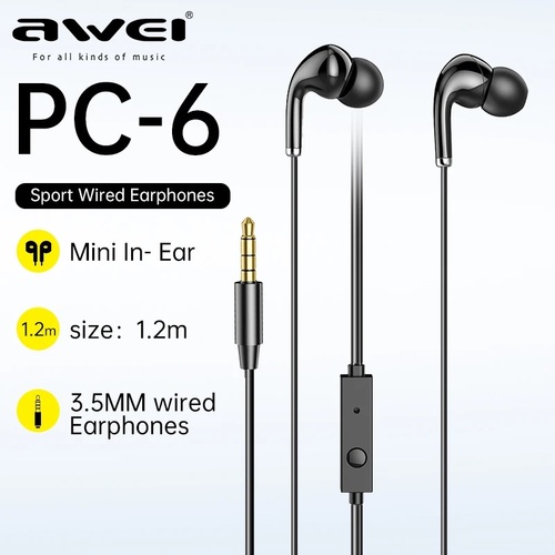 Наушники Awei PC-6 вакуумные, проводные, Jack 3.5, микрофон, черный - 2