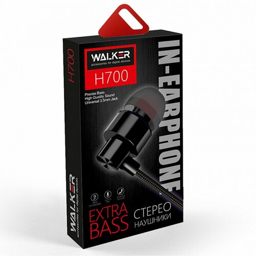 Наушники Walker H700 вакуумные, проводные, Jack 3.5, микрофон, черный