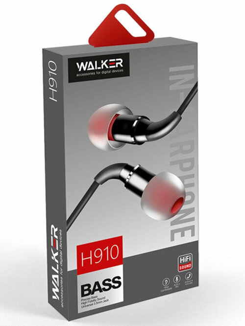 Наушники Walker H910 вакуумные, проводные, Jack 3.5, микрофон, черный