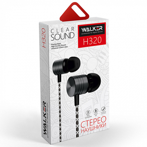 Наушники Walker H320 вакуумные, проводные, Jack 3.5, микрофон, темно-серый