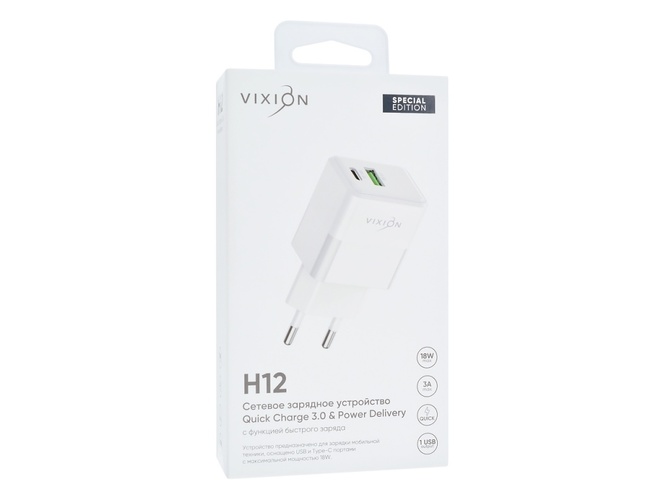 Сетевое зарядное устройство Vixion H12 1USB+USB Type-C белый 3.0A 18W