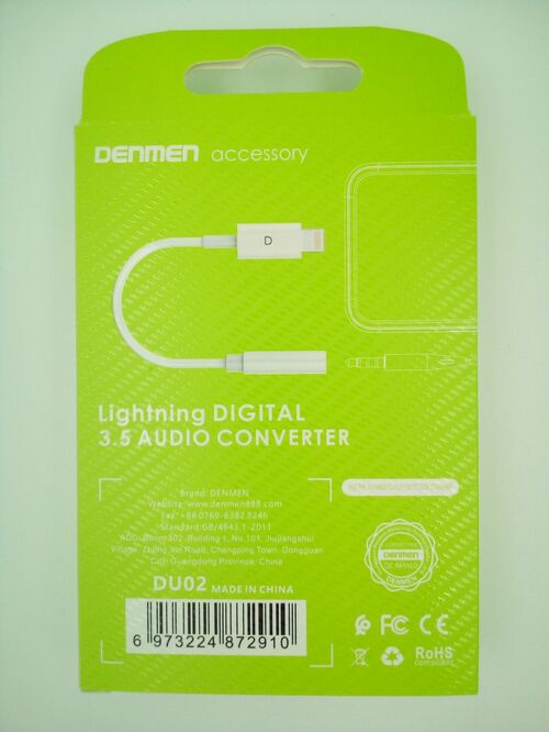 Переходник 8 pin Lightning - AUX Denmen DU02 белый - 2