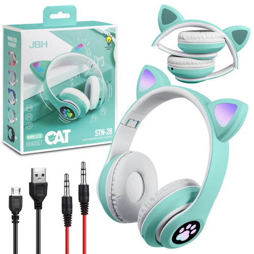 Наушники JBH Cat Ears STN-28 накладные, Bluetooth, микрофон, подсветка, бирюзовый