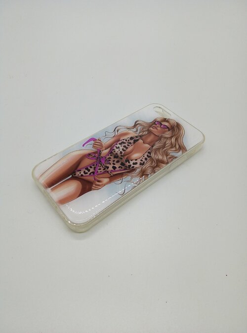 Накладка Apple iPhone 7 Plus/8 Plus бело-бирюзовый бампер прозрачный винил Девушки Девушка в леопардовом купальнике