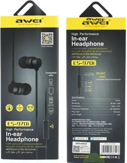 Наушники Awei ES-970i вакуумные, проводные, Jack 3.5, микрофон, черный