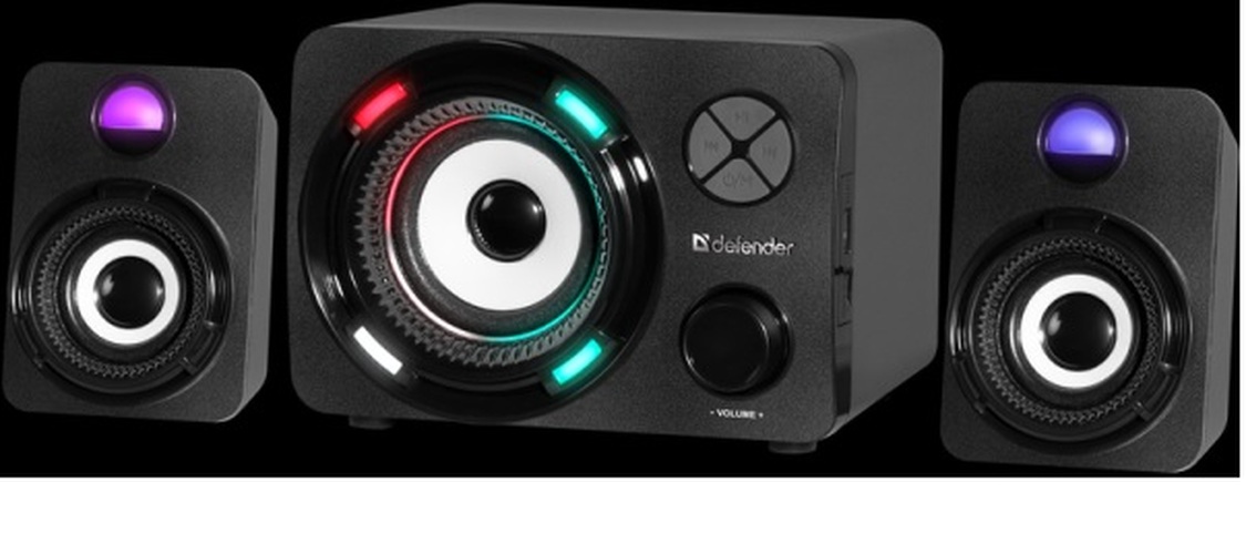 Акустическая система Defender G11 2.1, 11Вт, питание от USB, Bluetooth/AUX/FM/USB/TF, подсветка, пластик, черный