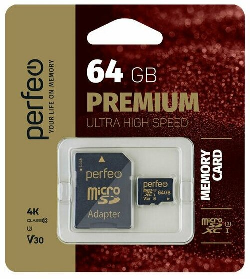 Карта памяти micro SD Perfeo 64GB Класс 10 High-Capacity UHS-3 70 Mb/s c адаптером
