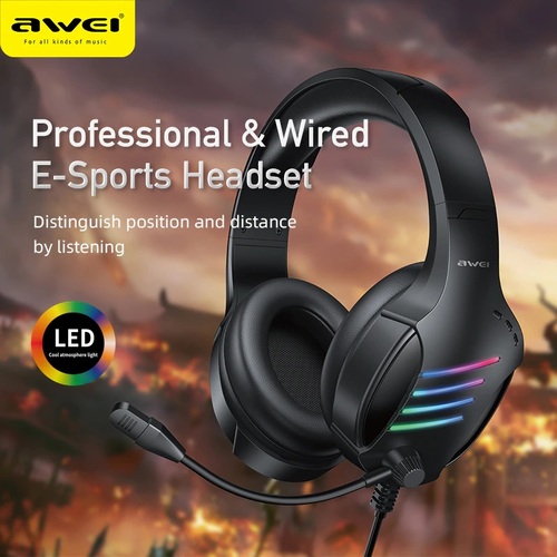 Наушники Awei GM-5 накладные, проводные, Jack 3.5, микрофон, игровые, подсветка, черный