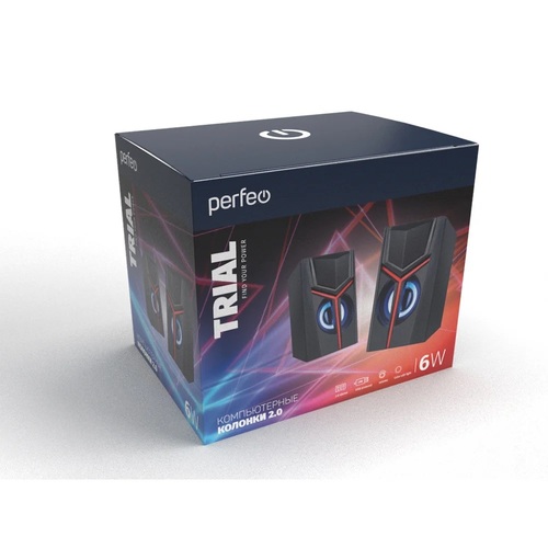 Акустическая система Perfeo TRIAL PF_B3374 2.0, 6Вт, питание от USB, подсветка, пластик, черный