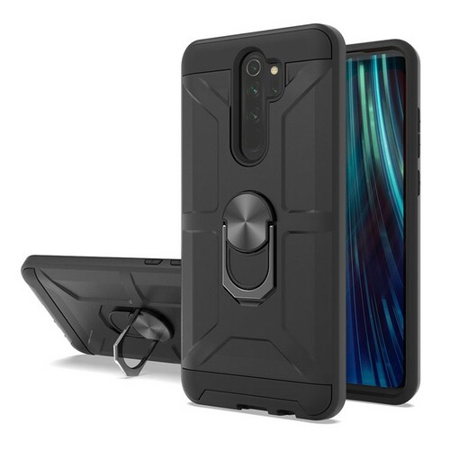 Накладка Xiaomi Redmi Note 8 Pro черный силикон+пластик Armor Case Противоударный кольцо-подставка + магнитный держатель