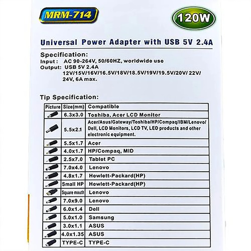 Блок питания для ноутбука универсальный MRM MR-714 12-24V 6A 120W 5,5*2,5 мм/ 14 коннекторов - 2