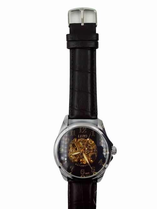 Наручные часы мужские механические LEIYI скелетон черный циферблат черный кожаный ремешок