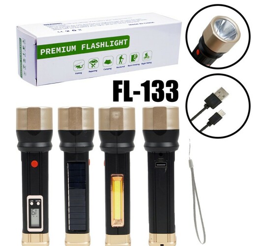 Фонарик ручной No brand FL-133 1 LED+1 COB аккумулятор/солнечная панель + повербанк