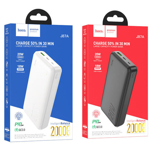 Внешний аккумулятор 20000 mAh HOCO J87A USB+Type-C черный LED индикатор