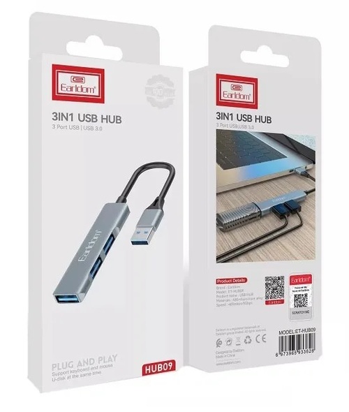 USB разветвитель Earldom ET-HUB09 3 порта, USB 3.0 серебро металл - 2