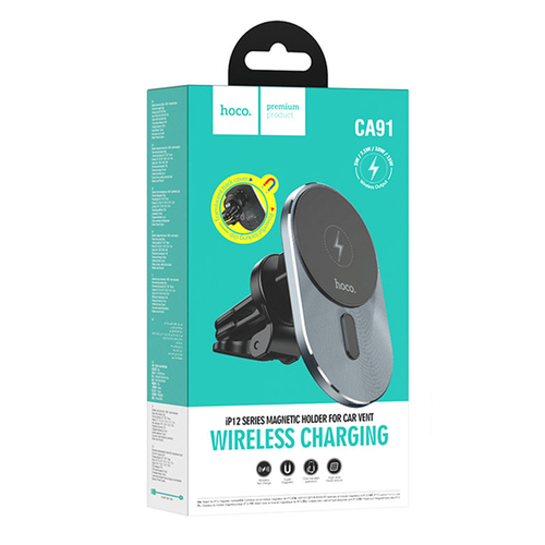 Держатeль для телефона автомобильный HOCO CA91 магнитный на решетку черный Qi - 2