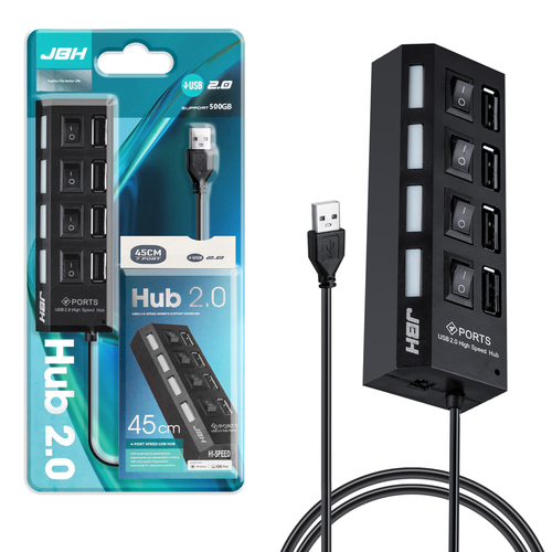 USB разветвитель JBH H-05 4 порта, USB 2.0, черный выключатели, кабель 45см