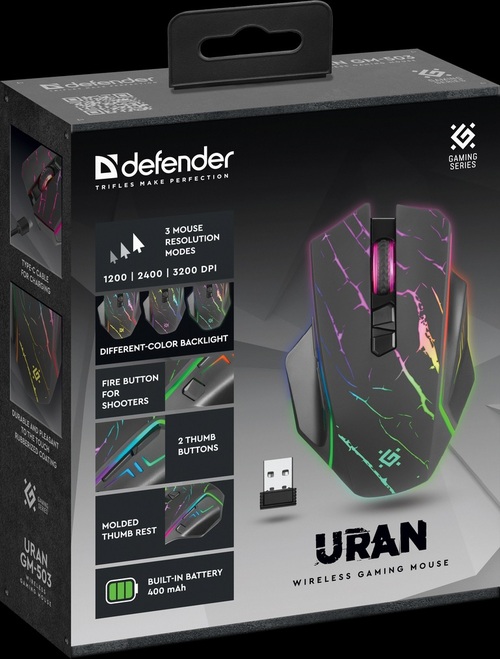 Мышь Defender Uran GM-503 беспроводная оптическая игровая с подсветкой 3200 dpi черный 7 кнопок, АКБ