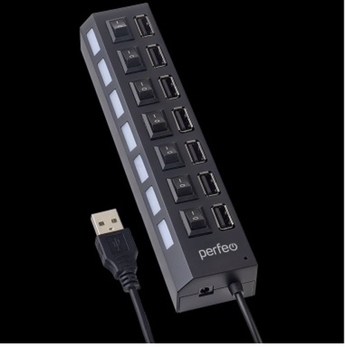 USB разветвитель Perfeo PF-H033 7 портов, USB 2.0, черный + выключатель на каждый порт и доп питание