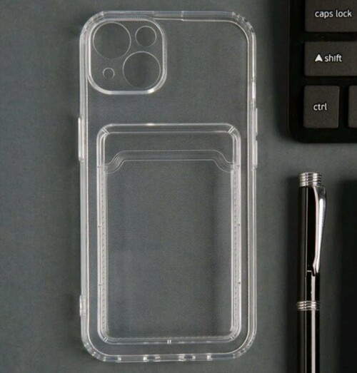 Накладка Apple iPhone 14 прозрачный с визитницей и защитой камеры силикон С кардхолдером