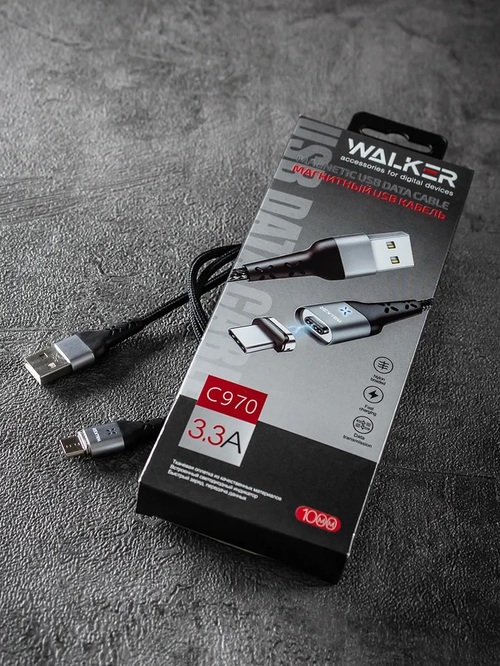 Кабель USB - Type-C Walker C970 текстиль черный круглый 3.3А 1 м. магнитный дата-кабель