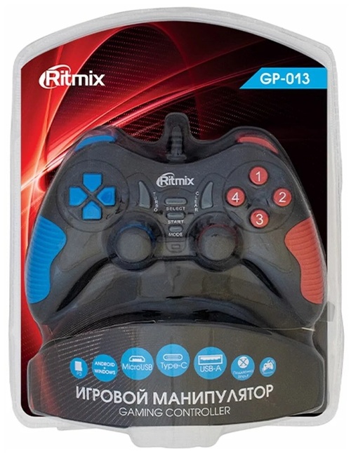 Геймпад Ritmix GP-013 проводной PC Android черный-красный-синий 19 кнопок, 2 стика - 3
