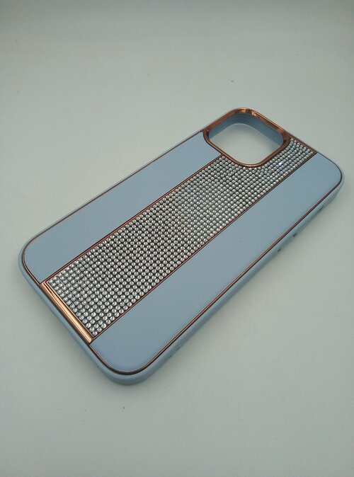 Накладка Apple iPhone 14 Pro голубой с отсеком для сим-карты силикон+кожа Стразы